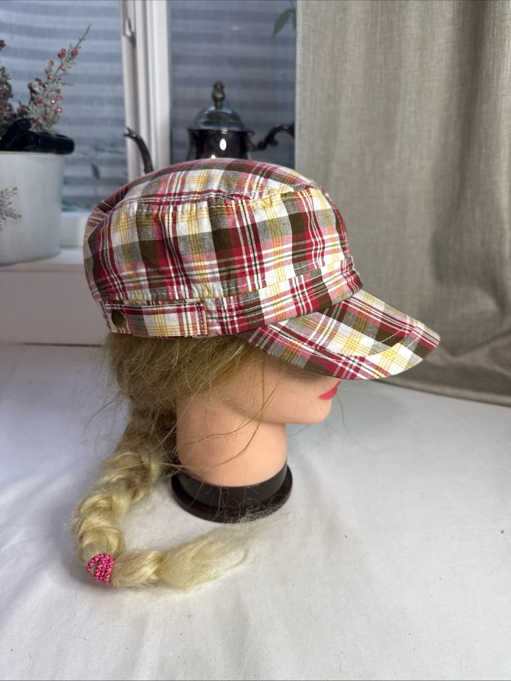 Ag Adriano Goldschmied Plaid Cadet Cap in Red, Olive & Yellow